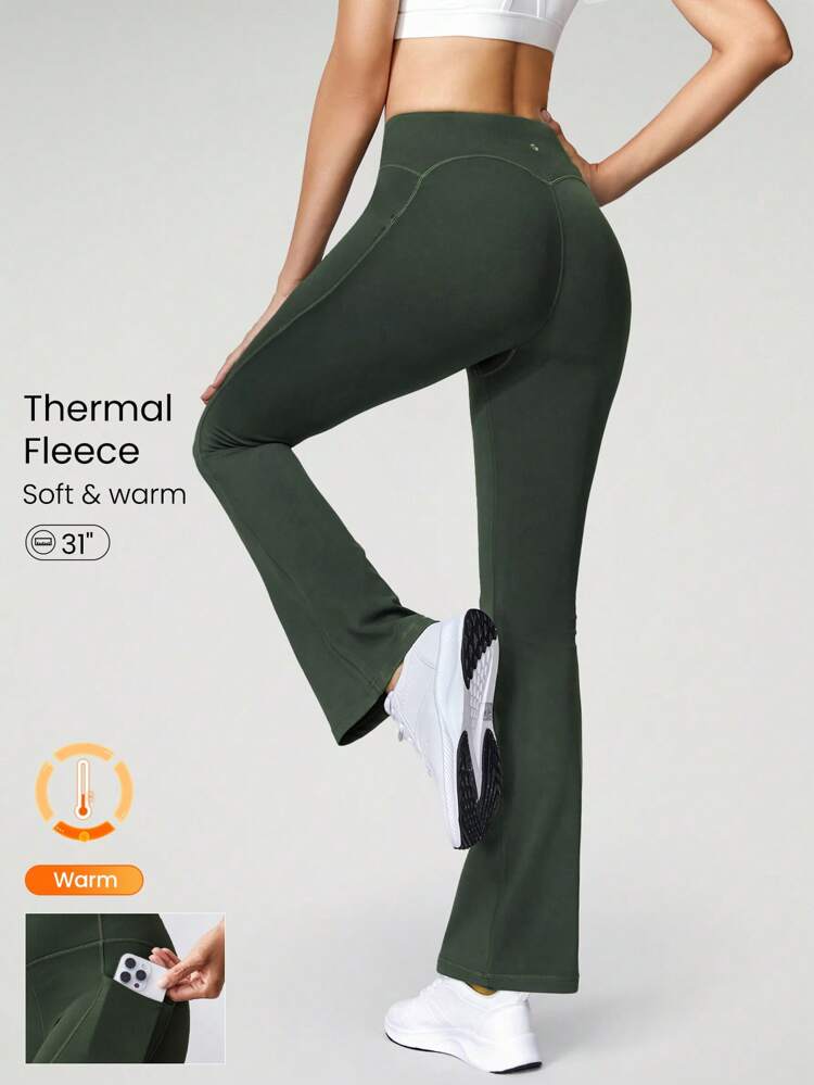 31" Fleece High Waist Flared Leggings Pants With Side Pockets Low Impact Yoga Pilates Daily Fall Winter