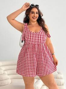 SHEIN EZwear 大码女式夏季格子宽松连体裤 - 紅色 - 查看 3