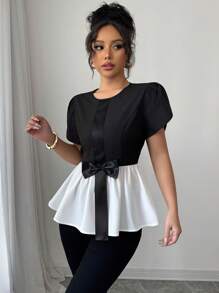 SHEIN PETITE 圆领短袖蝴蝶结装饰优雅束腰黑白拼接设计衬衫，夏季新品，小码，荷叶边上衣 - 黑與白 - 查看 3