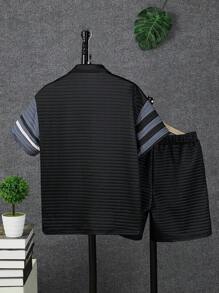 1set Men's Black & White Polo Shirt Short Sleeve Top And Shorts, Sport Casual Outdoor - Black - View 2