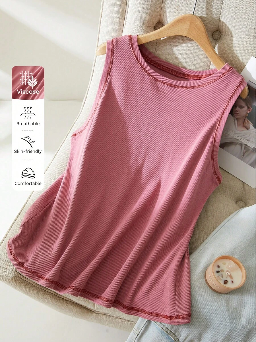 CosyJoli Plus Size Casual Summer Sleeveless Top With Contrasting Stitching - Dusty Pink - View 1