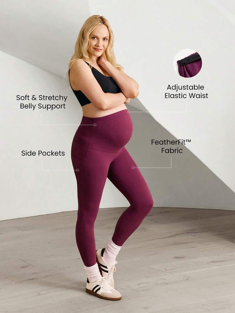 24" FeatherFit™ Empower Tummy Control Adjustable Drawstring Waist Side Pockets Spandex Maternity Pregnancy Leggings Low Impact Yoga Pilates Studio Gym Daily Casual Wear