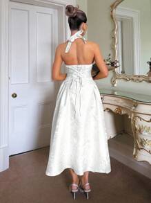 Glamine Vintage 3D Embossed Floral Print V-Neck Sleeveless A-Line Dress For Women White Elegant Dress Elegant White Dress Satin White Dress Elegant Women's Jacquard Satin Halter Tie-Up Party Dress, Fit For Daily Wear, Dating, Outing, Nightclub, Party, Princess Style With Bow Accent, Autumn Dress, Halloween Costume,Summer Dresses For Women,White Graduation Dress,Backless Dress White Evening Gown White Halter Dress White Midi Dress