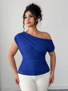 Elenzga Plus Size Women Pleated Mesh Elegant T-Shirt