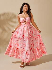 Sunserae Tie Dye Pattern Twist Ruched Waist Maxi A-Line Flare Hem Elegant Romantic Vacation Summer Plus Size Dress Tropical Colorblock Floral Print Boho Fashionable Style