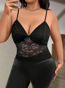 SHEIN Clasi 大码女式半透明蕾丝吊带背心 - 黑色 - 查看 1