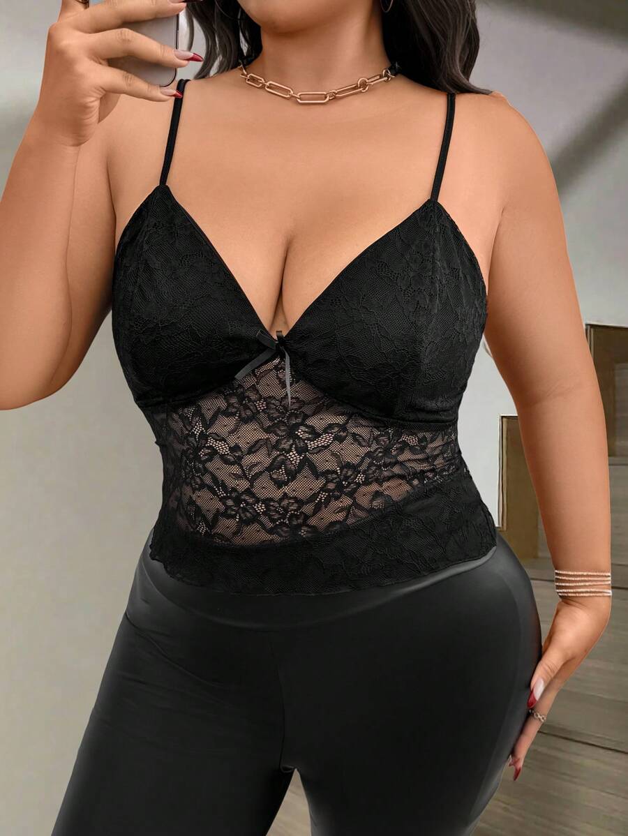 SHEIN Clasi 大码女式半透明蕾丝吊带背心 - 黑色 - 查看 1