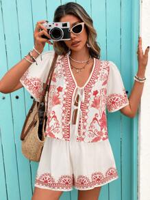 Vivid Eden Bộ 2 món áo sơ mi và quần short in họa tiết cổ điển thường ngày dành cho nữ, kỳ nghỉ - Đỏ - Xem 3