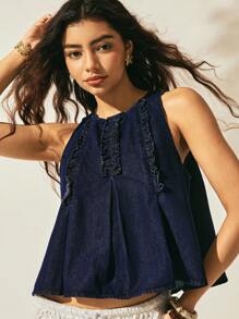 Easelle 女士休闲宽松圆领荷叶边牛仔衬衫，度假风格 - 藏蓝色 - 查看 5