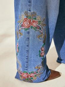 Easelle 女式宽松休闲复古波西米亚风花朵刺绣时尚西部游牧风夏季牛仔牛仔裤 - 藍色 - 查看 8