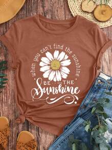 Camiseta de cuello redondo con estampado de crisantemos y letras en inglés para mujeres de talla grande, blusas gráficas para mujer