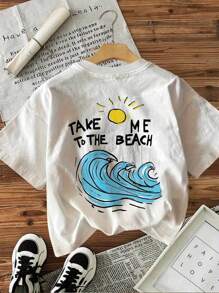 女士休闲短袖圆领 T 恤，双面海滩印花设计，“带我去海滩”字母和太阳图案，夏日海滩，俏皮设计，耐用印花