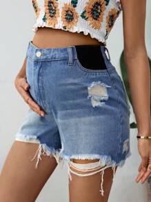 SHEIN Shorts vaqueros de maternidad, shorts azules rasgados de ajuste casual y delgado