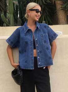 Livesso 女式纯色前扣口袋休闲短袖牛仔衬衫 - 藍色 - 查看 3