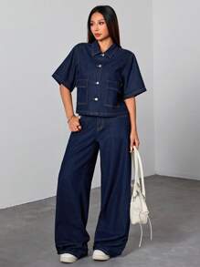 SHEIN PETITE 女士深蓝色牛仔衬衫翻领短袖上衣夏季牛仔套装办公室装学院风女式夏季衬衫 - 深色水洗藍 - 查看 3