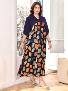 Lacomfia Vestido largo con cintura entallada, estampado de hojas y patchwork, talla grande - Morado - Ver 4