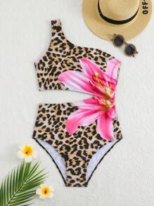 Teen Girl Asymmetric Neck Leopard And Floral Print One-Piece Swimsuit Bathing Suits For Girls One Piece One Piese Bathing Suit For Girls Bathing Suits For Teens Top Swimsuits For Girls One Piece One Piece Bathing Suit For Girls