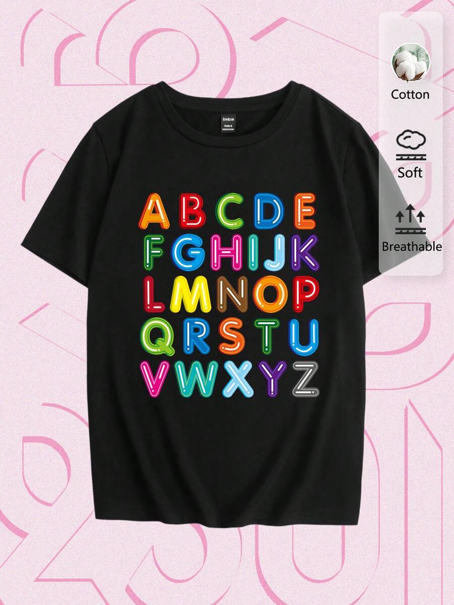 Tseoso 休闲简约字母印花圆领短袖女式T恤 - 黑色 - 查看 1