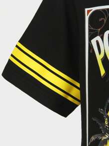 2pcs/Set Tween Boys Striped Round Neck Short Sleeve Palm Tree Print T-Shirt Set, Summer - Black - View 4