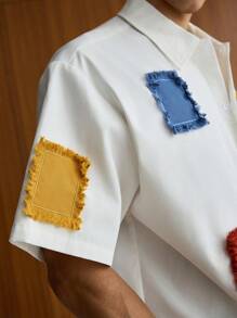 SWAVVY Men's Fashion Casual Color Clash Applique Embroidered Button Up White Boxy Shirt, For Summer - White - View 5