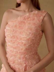 MOTF PREMIUM MESH STEREO FLORAL ASYMMETRICAL NECK DRESS - Coral Pink - View 2