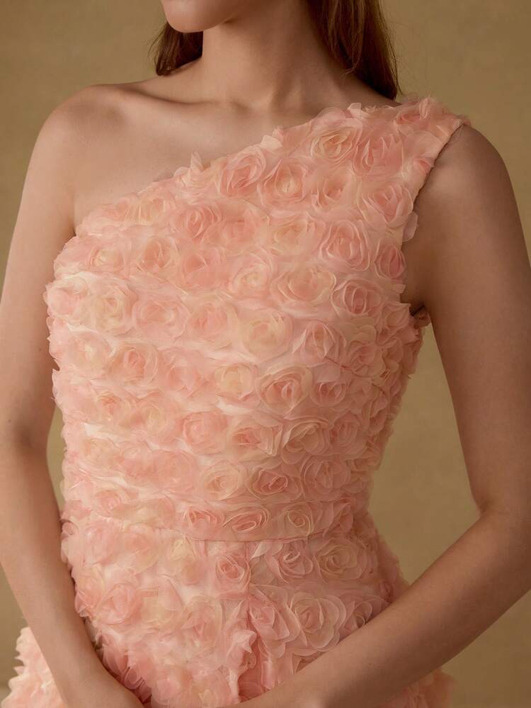 ROBE ASYMÉTRIQUE AU COU FLORAL EN MESH STÉRÉO