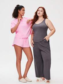 LUVLETTE Weiches Baumwoll-Loungewear-Set aus kurzärmeliger Crew-Neck-Oberteil in Rosa und Shorts, luftige Pyjama-Garnitur, sportlich-lässige, bequeme Outfits mit Taschen, Lingerie als Oberbekleidung