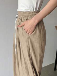FRIFUL Women's Casual Solid Color Drawstring Waist Wide Leg Pants, Everyday Wear - Khaki - View 5