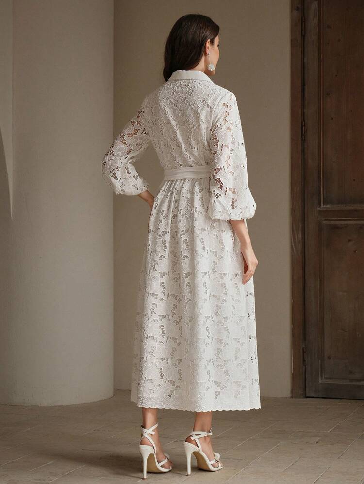 Hollow Solid Color Waist Belt Front Button Elegant Dress