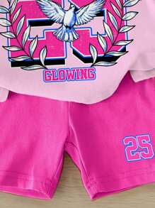 SHEIN Baby Girl Casual Minimalist Graphic Number 25 & Print, College Sport Stylish, Round Neck Short Sleeve T-Shirt And Leggings Set, Suitable For Spring Summer