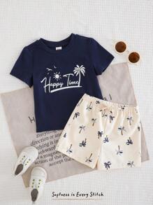 Cozy Pixies 2pcs Baby Boy Coconut Tree Pattern Knitted Soft Round Neck Short Sleeve Top And Elastic Waist Shorts Set