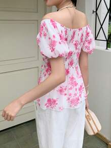 SHEIN LUNE Off-Shoulder Sheer Mesh Puff Sleeve Allover Print Summer Blouse - Hot Pink - View 2