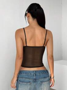 SHEIN EZwear 女士夏季性感透视纯色修身吊带背心 - 棕色 - 查看 2