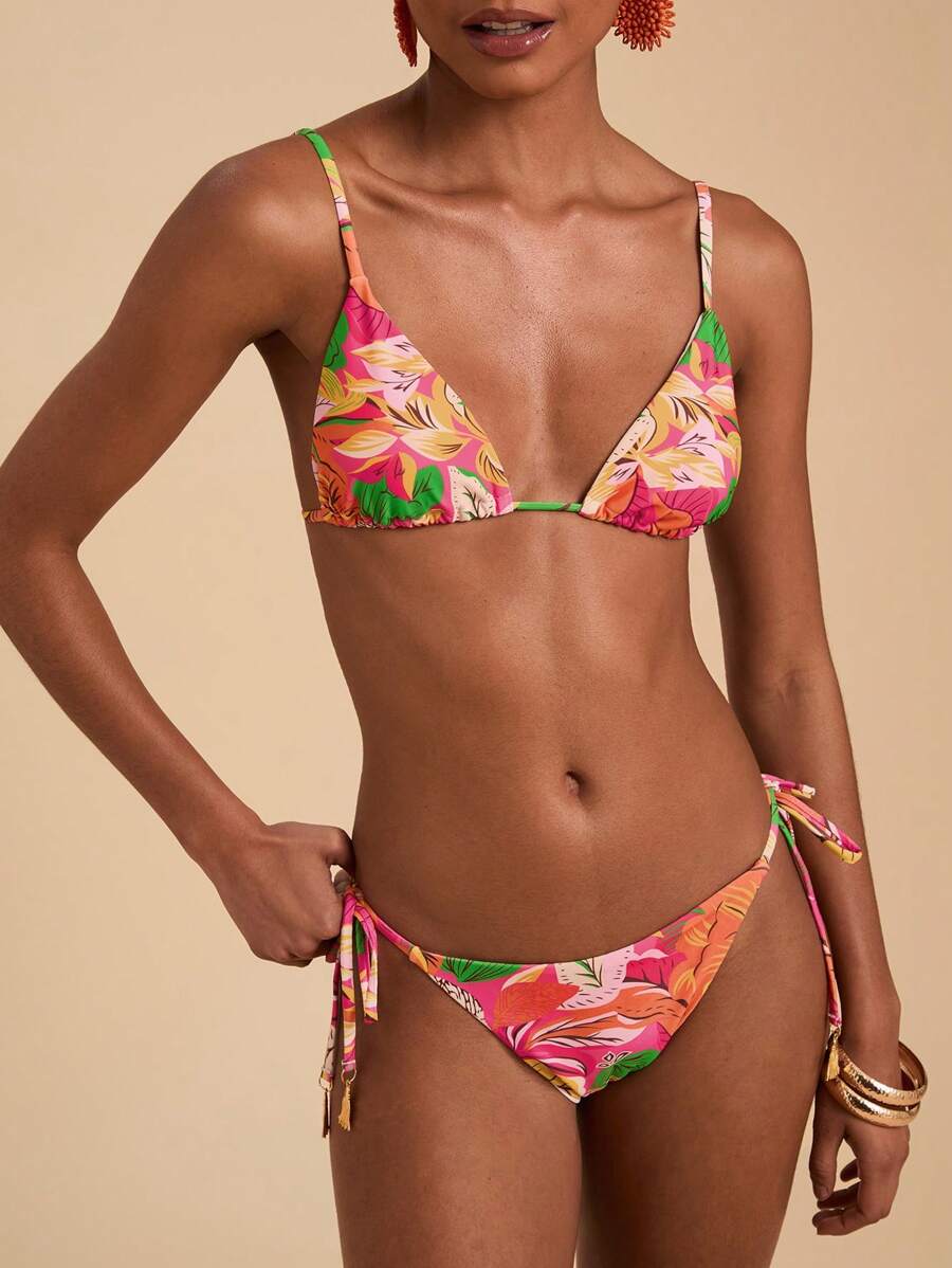 Travachic Summer Women's Tropical Plant Print Halter Neck Spaghetti Strap All-Over Print Triangle Bikini Set,Swimsuits For Woman,Bathing Suits For Women - Multicolor - View 1