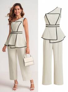 Gownix Women's New Fashion Elegant Stripes Asymmetrical Neck Top & Wide Leg Pants 2 Pieces Set - Multicolor - View 3