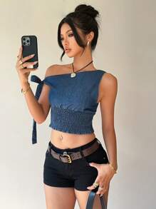 SHEIN Essnce 女士休闲修身不对称肩部牛仔上衣，蓝色，夏季，母亲节，7 月 4 日，毕业典礼，早午餐/海滩 - 藍色 - 查看 5