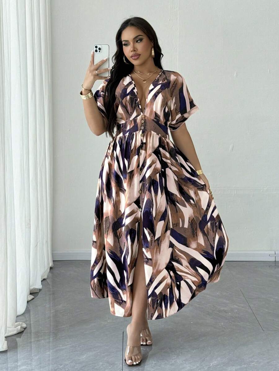 SHEIN Unity 大码女式全身蝙蝠印花性感深V领度假连衣裙