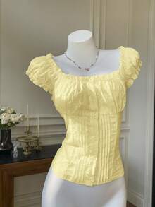 Comfortcana Summer Yellow Jacquard Woven Square Neck Shirt Top - Yellow - View 4