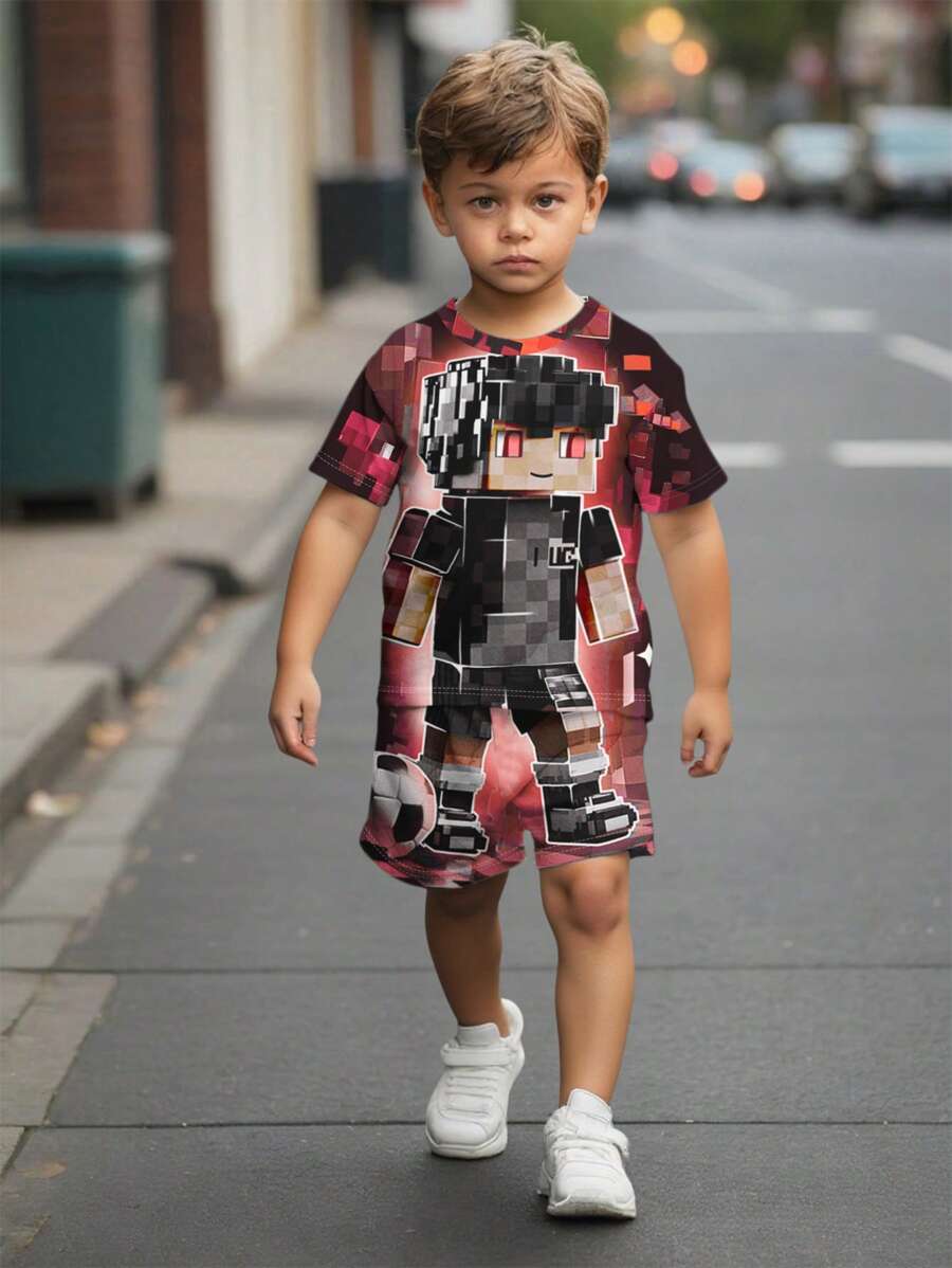 SHEIN 2 件套男童休闲圆领短袖 T 恤和短裤套装,适合夏季 - 彩色 - 查看 1