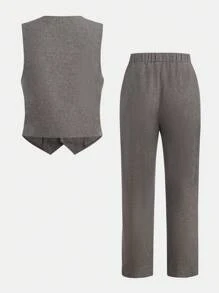 SHEIN Conjunto de chaleco y pantalón tipo traje de caballero sencillo para adolescentes, de unicolor en estilo escolar casual, cómodo y de moda, versátil para ir y venir, la escuela, el día a día, las vacaciones, adecuado para el Día de San Valentín, festivales, fiestas, primavera/verano - Gris - Ver 2