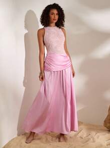 Opulessa Abito da donna elegante con vita arricciata e pizzi a contrasto