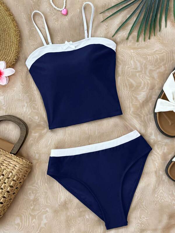 SHEIN Conjunto de tankini de traje de baño con lazo de contraste de color negro y blanco, conjunto de bikini conservador para adolescentes