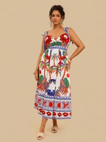 Travachic Vestido de verano para mujer con estampado tropical de plantas y loros, con lazo en el hombro en talla grande para vacaciones y uso casual