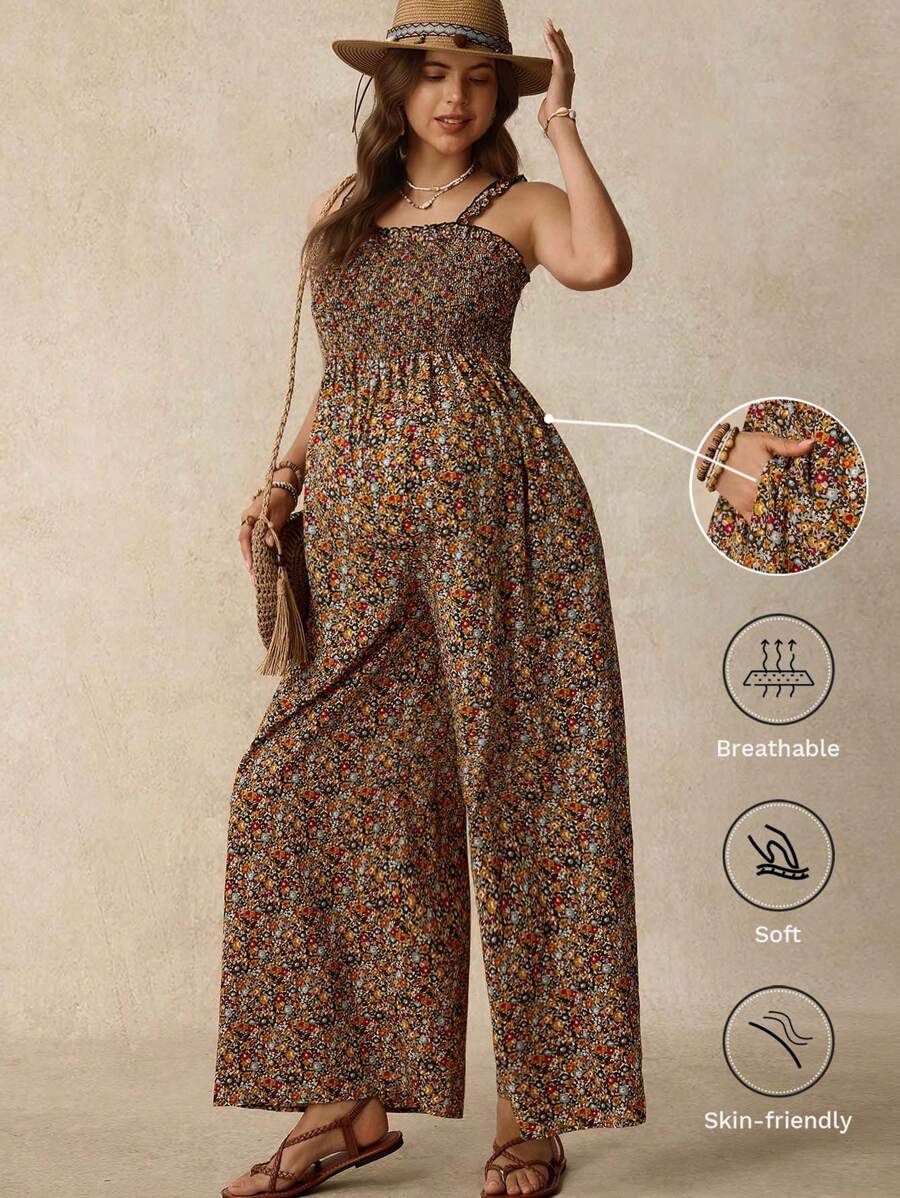 Boho Mama 孕妇碎花连体裤，休闲短袖夏季 - 彩色 - 查看 1