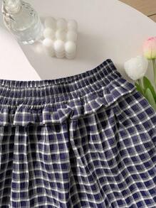 SHEIN EZwear 格子图案弹力腰带女士休闲荷叶边A字裙，夏季女装，适合音乐会等场合 - 藏蓝色 - 查看 3