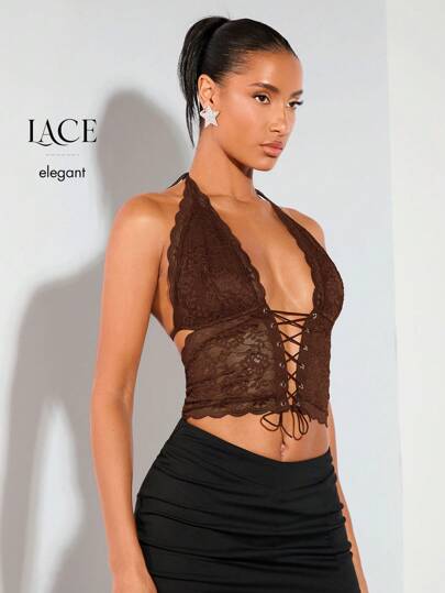 SHEIN BAE Sexy Lace Halter Crop Top , Country Concert Rave Festival Summer