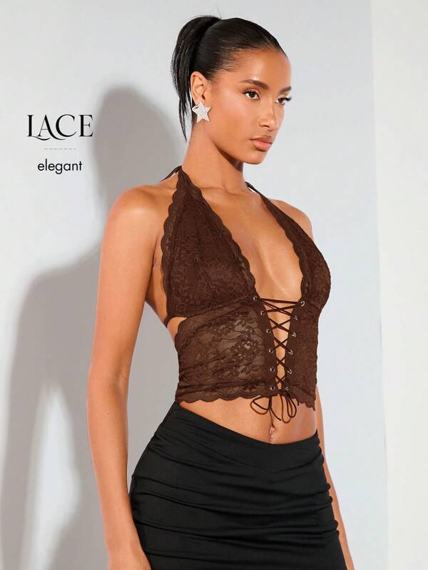 SHEIN BAE Top corset negru sexy din dantelă și Top corset negru sexy din dantelă și top crop și ținută de concert country și ținute de festival Rave și ținute de vară