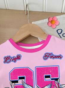 SHEIN Baby Girl Casual Minimalist Graphic Number 25 & Print, College Sport Stylish, Round Neck Short Sleeve T-Shirt And Leggings Set, Suitable For Spring Summer
