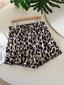 CosyJoli Plus Size Leopard A-Line Ruffle Hem Casual Shorts,Slightly Sheer