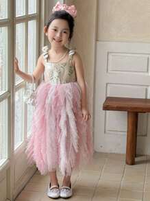 DAZY Young Girls Ombre Color-Changing Floral Print Mesh Puff Dress,Girls Summer Outfits - Pink - View 4